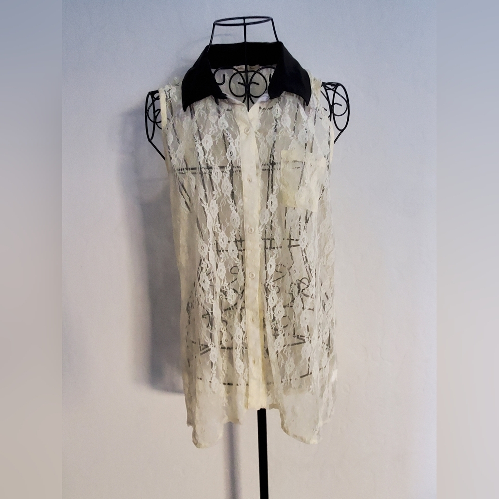 Belle Du Jour Cream Colored Lace Blouse with Black Collar